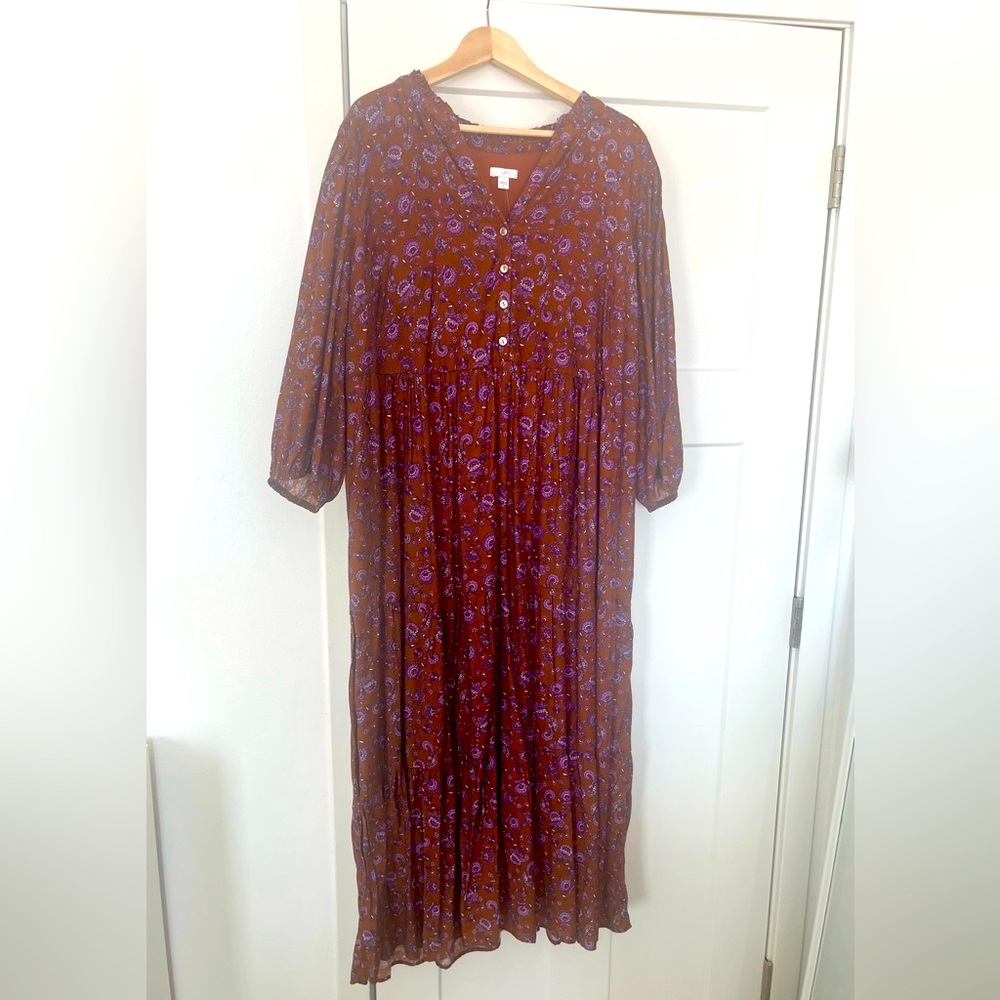 J. Jill Ruffled Neckline Paisley 3/4 Sleeve Dress